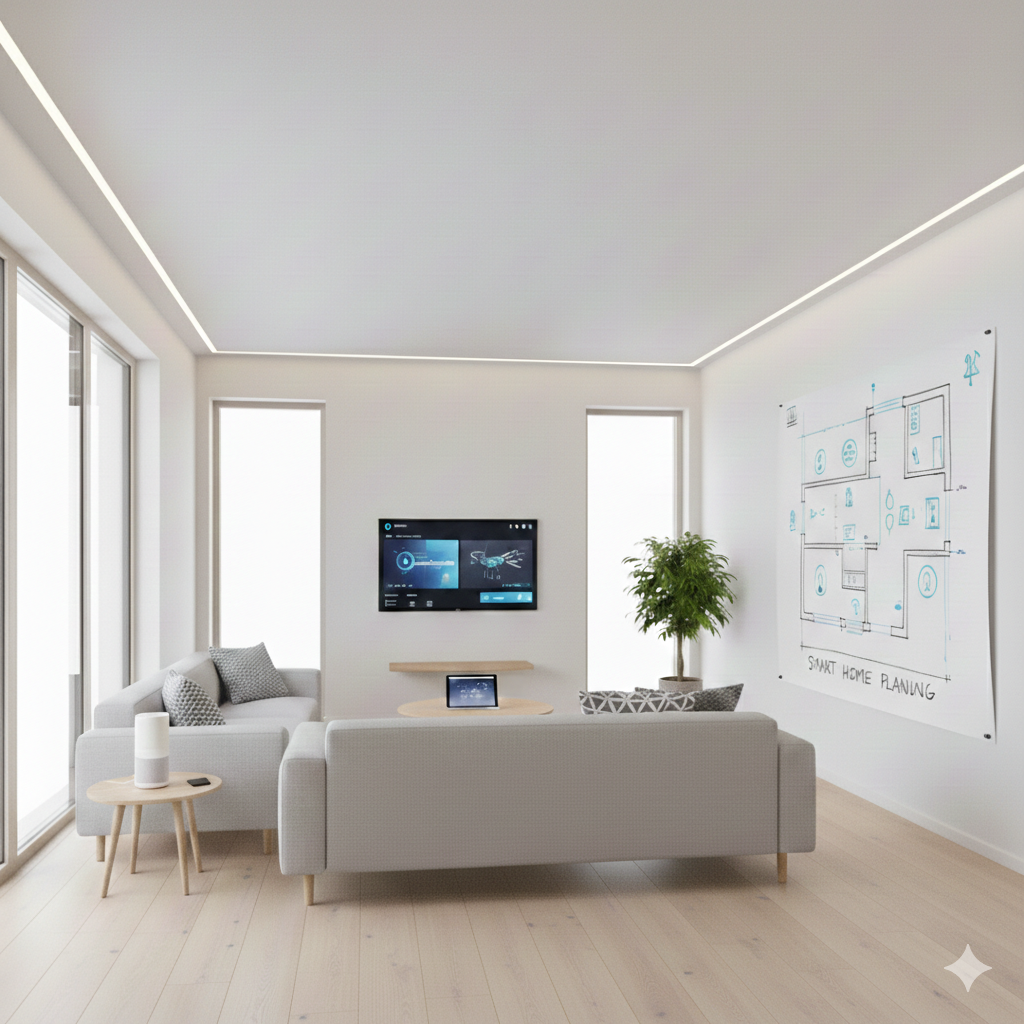 Minimalistisches Wohnzimmer mit sanfter Beleuchtung